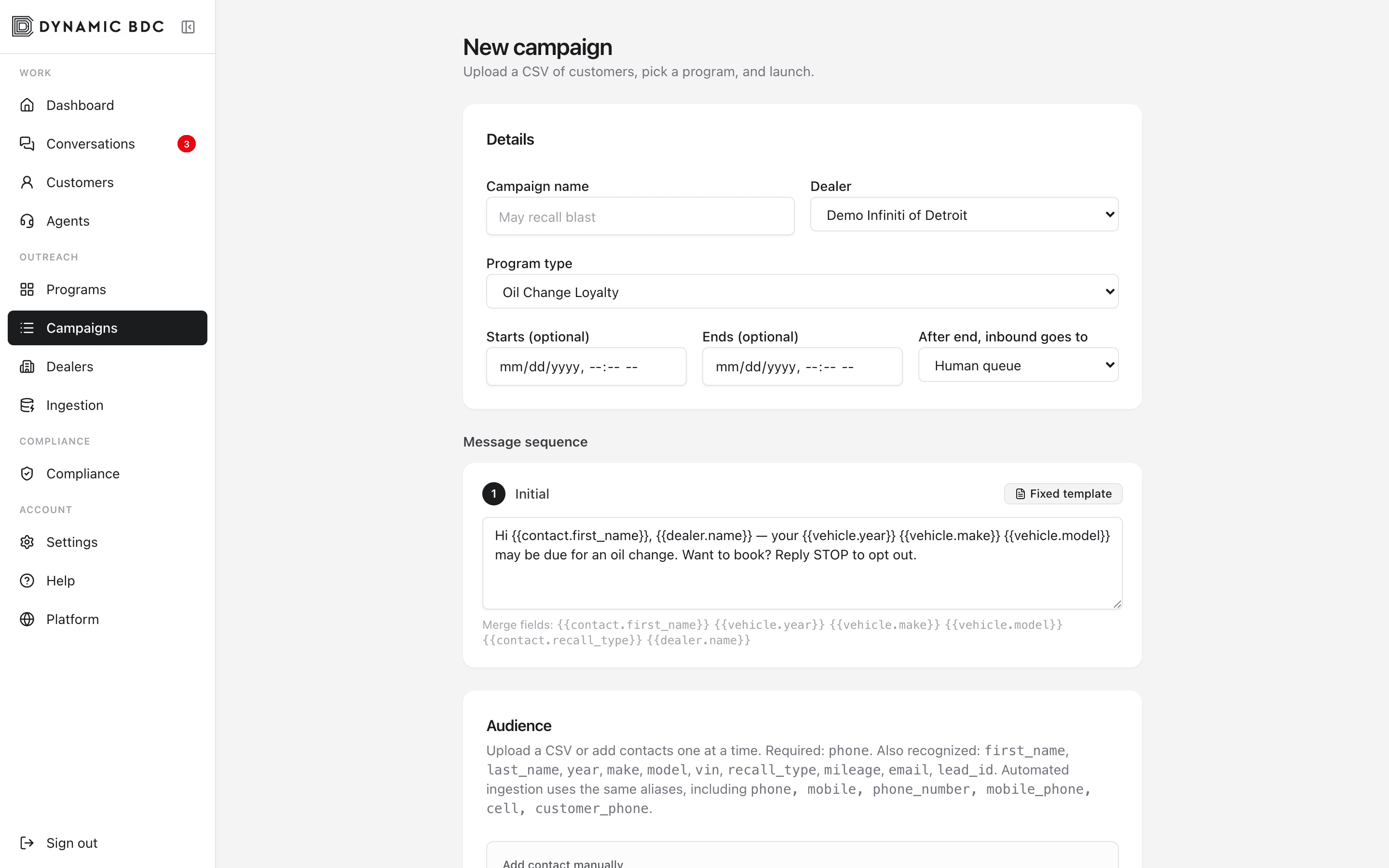 New campaign form with CSV upload