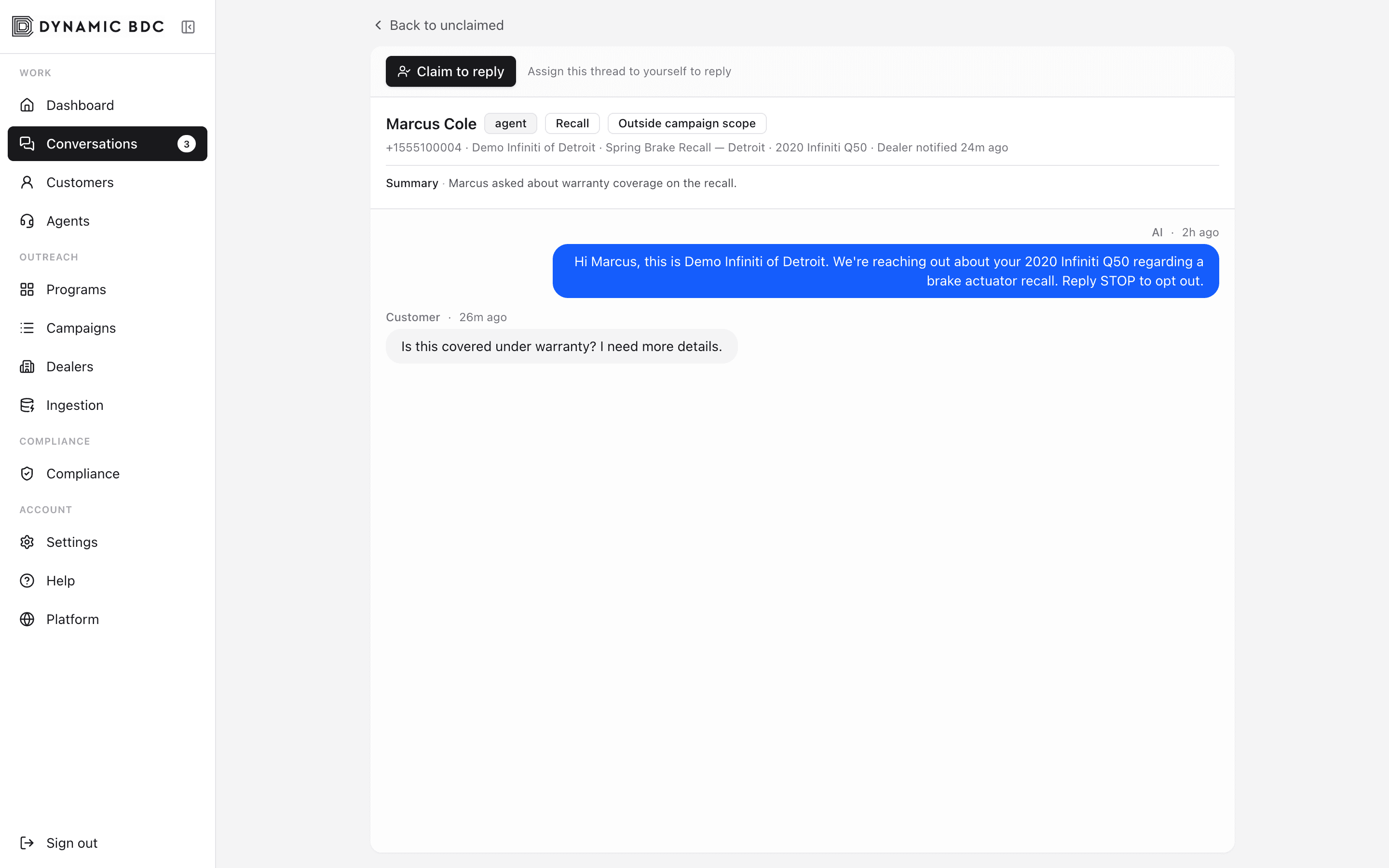 Conversation thread with Claim to reply and AI summary