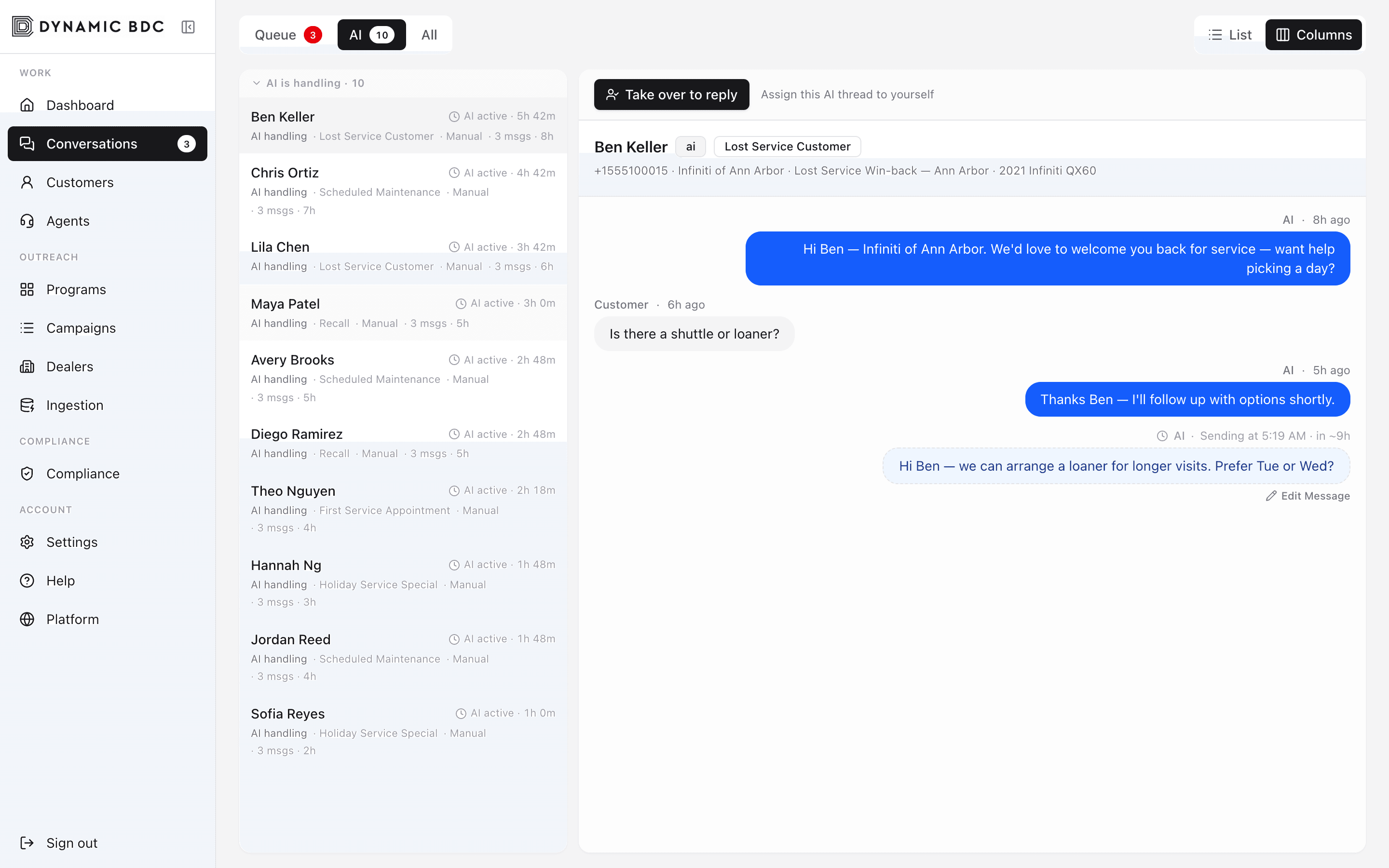 AI-owned conversations list