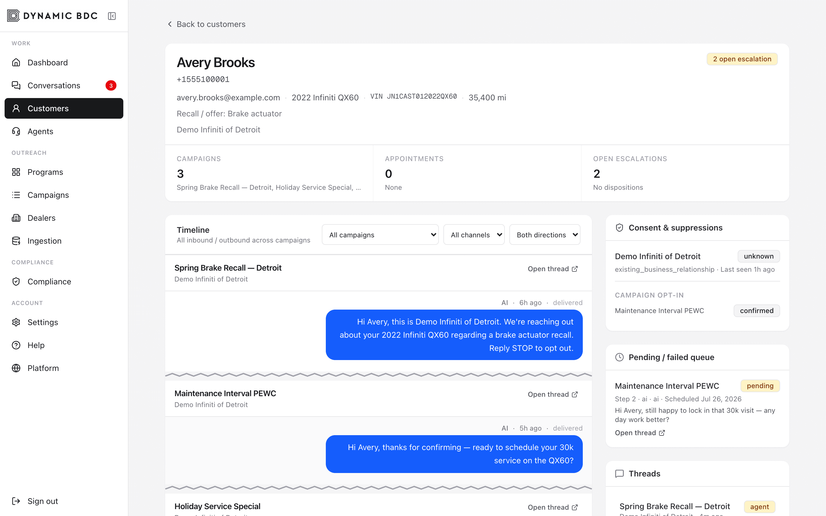 Customer detail with consent flags and message timeline